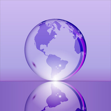 Purple shining transparent earth globe with South and North America continents laying on glass surface and reflecting in it. Bright and shining design. Vector illustration.