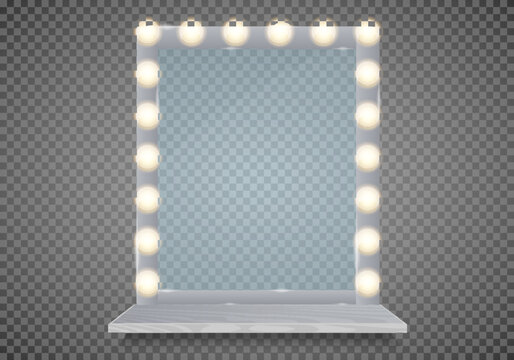 Mirror in frame with light makeup lights for changing room or backroom, on transparent background vector illustration