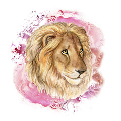 Portrait of a lion on a colorful abstract background. Watercolor. Illustration. Template.