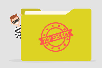 Confidential information stealing. Cyber security. Yellow folder with a Top secret stamp. Flat editable vector illustration, clip art