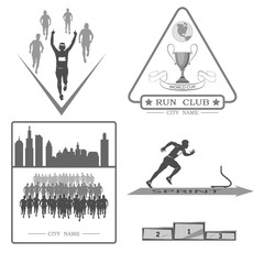 a set of emblems, shortcuts and icons for the design of the sport. there is a marathon, a sprint, a mass race. White background .
