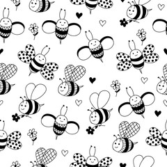 Black and white background with hadn drawn bees and flowers. 