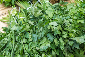 Fresh organic Vegetables on shelf in supermarket, farmers market, parsley