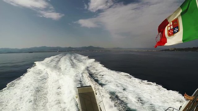 sea wake, ferry cruise to lipari, aeolian island, italian flag slow motion