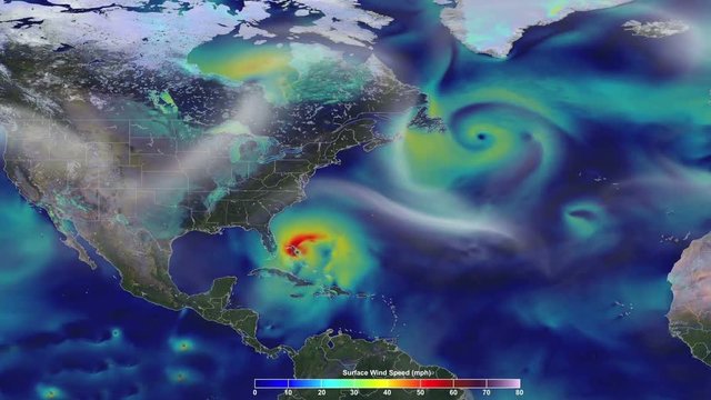 Animation of the speed wind in US. A hurricane approach to the east coast. Elements of this image furnished by NASA