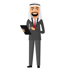 Happy arab muslim iran businessman with tablet flat cartoon vector illustration.