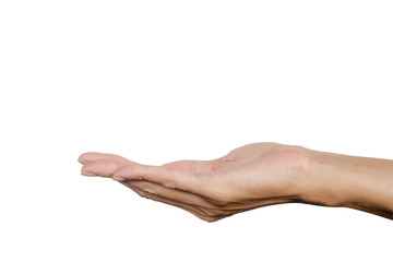 Hand gesture open up like holding something on palm isolated on white background. Clipping path..