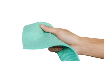 Hand holding green microfiber chamois isolated on white background. Clipping path. Microfiber use for cleaning. Multi Purpose Cloth.