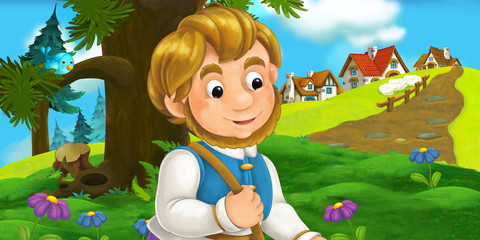 Obraz na płótnie Canvas cartoon scene with traveler near the village - illustration for children