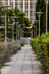 View of Jardin Atlantique in Paris. Jardin Atlantique is a public park and garden located on the roof that covers the tracks and platforms of the Gare Montparnasse railway station. Paris, France.