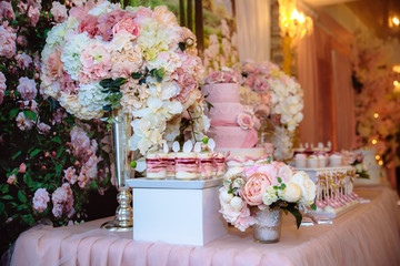 Candy bar and wedding cake. Table with sweets, buffet with cupcakes, candies, dessert.