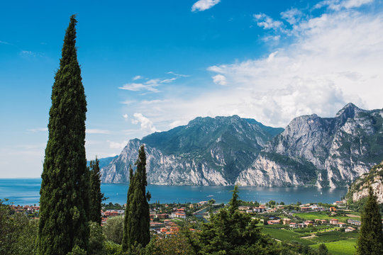 Distant view of Lake Garda with mountains in the background