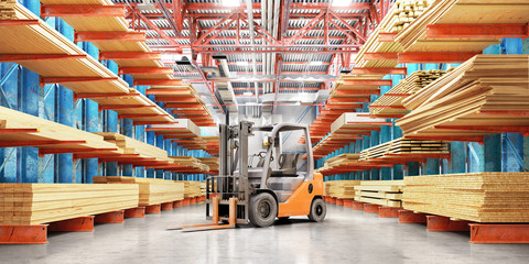 Warehouse with variety of timber for construction and repair. Delivery concept. 3d illustration