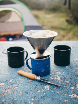 Making morning coffee at campground.