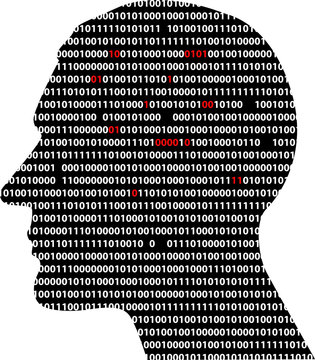 Male profile, filled with computer code, some digits missing, some colored red, EPS 8 vector illustration