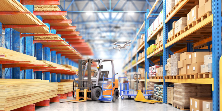 Concept of warehouse. The forklift between rows in the big warehouse. 3d illustration