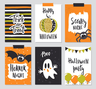 Set of Halloween hand drawn greeting card with calligraphy quotes, words and phrases.Vector illustration with cute spider, pumpkin, bat and ghost.