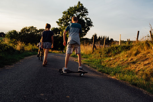 evening walk with children in countryside