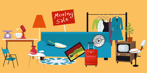 Moving yard sale with household items lied in the yard, EPS 8 vector illustration