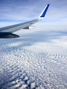 Wing of plane with altocumulus clouds