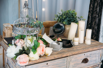 Wedding groom accessories, details of clothes, belt, wristwatch, boutonniere, perfume.