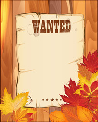 Naklejka na ściany i meble wanted empty poster. paper on wooden fence with autumn leaves. vector illustration. a part of collection