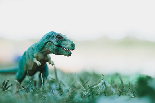Green toy dinosaur on grass