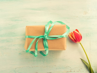 Gift box with green ribbon on pastel spring background. Copy space top view father's mother woman day Easter special occasion present