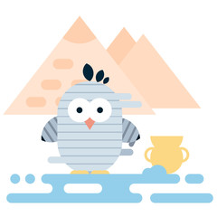 Flat penguin character stylized as ancient egyptian mummy. Modern flat illustration.
