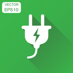 Plug icon. Business concept power wire cable pictogram. Vector illustration on green background with long shadow.