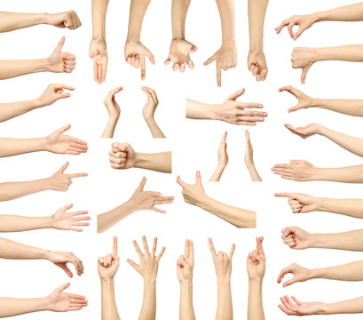 Multiple images set of female caucasian hand gestures isolated