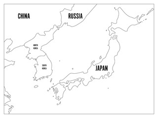 Political map of Korean and Japanese region, South Korea, North Korea and Japan. Black outline map with black labeling on white background. Vector illustration.