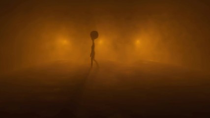 Ominous dark orange back lighting with humanoid hybrid alien entity walking. Side , profile view. 3d animation. Volumetric lighting effects, rays, shadows