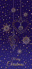 Merry Christmas! Gold snowflakes and Christmas decorations on blue background with sparkles. The vertical format. Vector