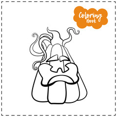 Vector outline illustration of a pumpkin lantern for Halloween with emotion on a white background