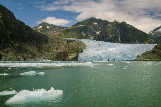 The LeConte Glacier in Southeast Alaska. The glacier is a popular tourist destination, with operators from nearby Petersburg and Wrangell, Alaska, running excursions to its calving face.