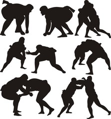 sumo wrestlers silhouettes and icon - obrazy, fototapety, plakaty