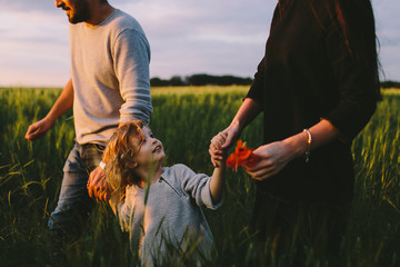 Couple with a boy walking through the barley field