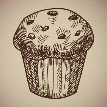 Engraving of muffins. Delicious chocolate pastry sketch. Engraving menu for the restaurant. Vector illustration.