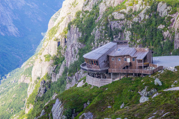 beautiful view on Kjerag Panoramic Restaurant, Lysefjorden fjord. Forsand, Rogaland, Norway