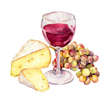 Cheese, grape and red wine glass. Watercolour