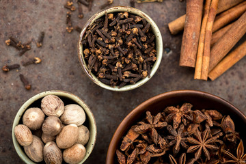 Spices: Cloves, Cinnamon, Star Anise and Nutmeg,