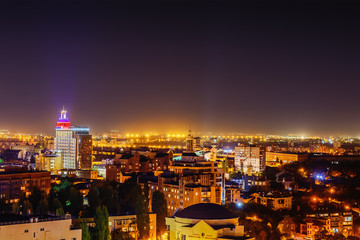 Aerial view of Night Voronezh city, Ramada Plaza hotel, city center