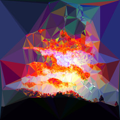 Abstract background of polygons resembling landscape with dramatic sky at sunset.Red, dark blue, orange and yellow background with silhouettes of black landscape