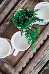Fototapeta na wymiar White ceramic mugs with pine tree on wooden trays