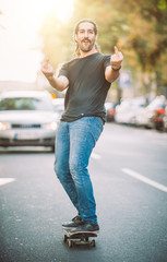 Happy and funny skateboarder ride skateboard through the city street