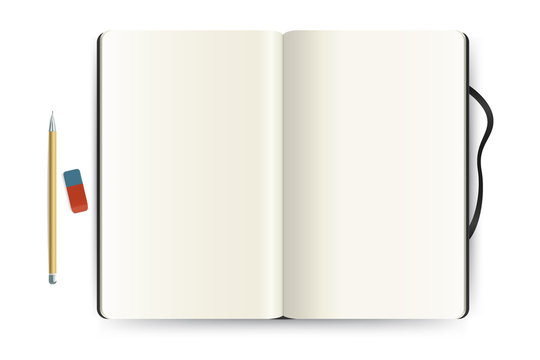 Realistic opened notepad with pencil and eraser Blank notebook mockup isolated on white background. Top view. Applicable for sketches and signs presentation. Vector eps 10.