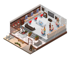 Isometric 3d barber shop interior with hairdresser figures, hipster cartoon characters at hair salon, modern wooden furniture, barbershop chair, bicycle, hairdresser accessories, beauty studio layout