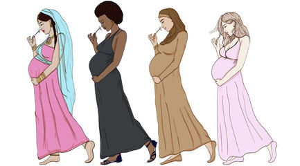set diferent pregnant woman in  prepared for maternity. 
