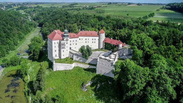 Historic castle Pieskowa Skala near Krakow in Poland. Aerial approach video